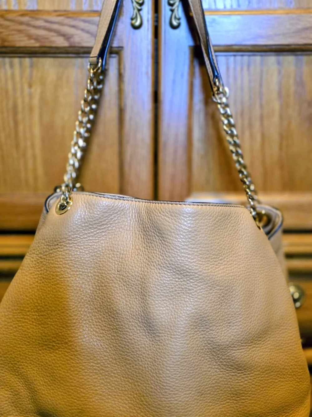 Michael Kors Beige-Tan Pebbled Leather Shoulder Bag with Gold Chain Straps